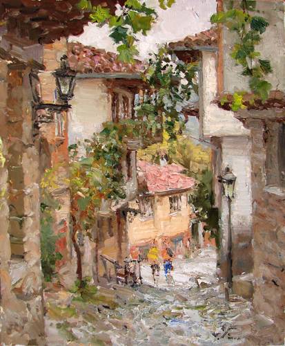 Painting by Azat Galimov Mountain Bulgaria. A street of Veliko Tarnovo on a rainy day. 