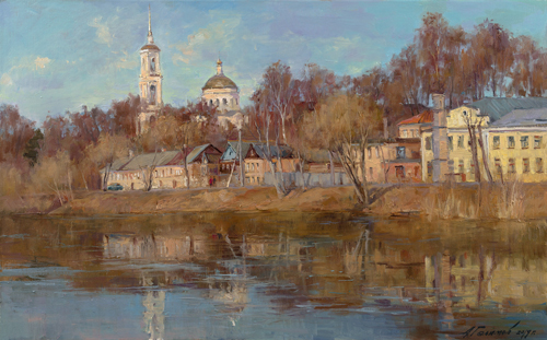 Painting by the artist Azat Galimov.On the banks of the Tvertsa river. 