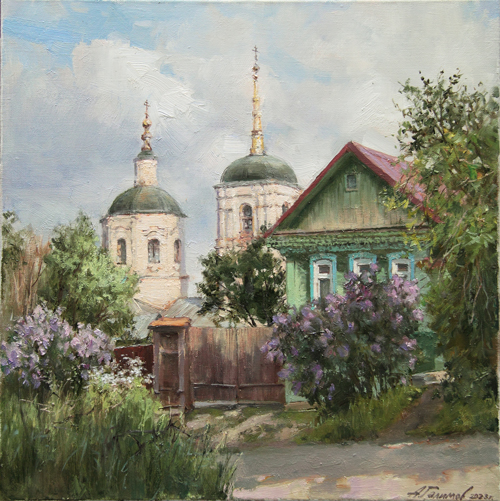 Painting by the artist Azat Galimov. Spring in Yelets. Children's lane. Vvedenskaya Church
