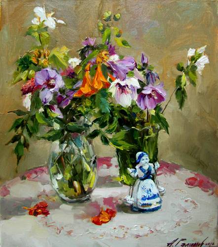 Painting Azat Galimov.Still life with porcelain figurine.