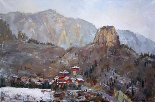 Painting.  Azat Galimov. Artwork The monastery of  Good cloud. Hunan