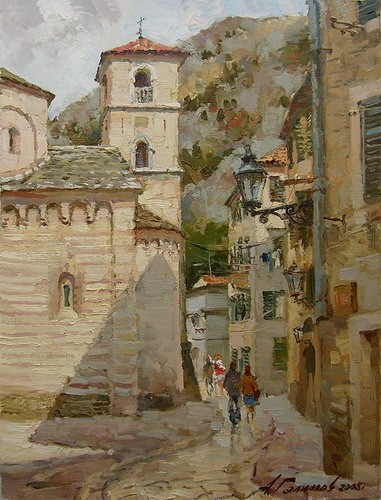 Painting. Montenegro. Old castle in Kotor.