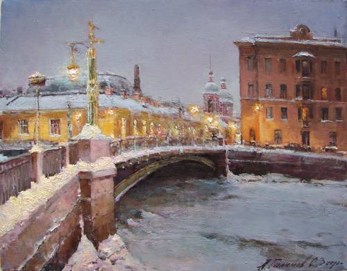 Paintings Azat Galimov.Panteleymonovsky bridge. Evening. Winter 2010