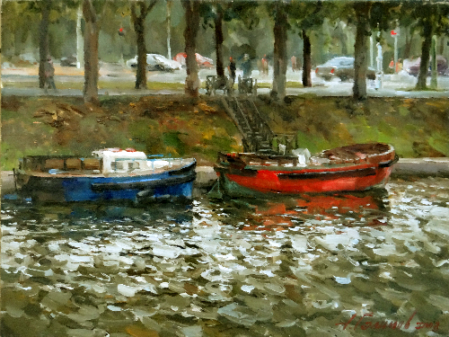 Paintings by Azat Galimov.Boats on the River Moyka, the Campus Martius