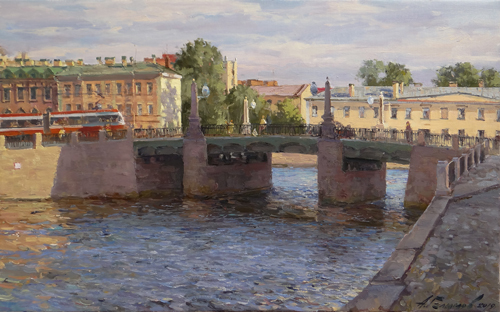 Paintings Azat Galimov.Red tram. Little Kalinkin bridge.