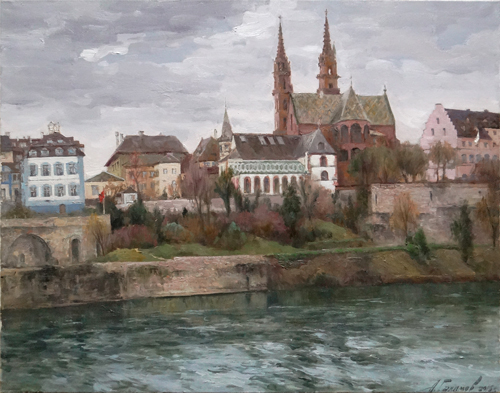 Painting by Azat Galimov . March on the Rhine river. Basel. Switzerland.