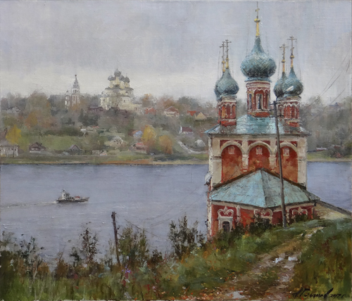 Painting by Azat Galimov. On the Romanov side. Rain in Tutaev.