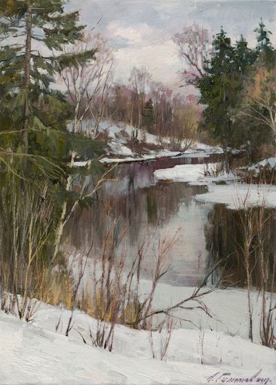 Painting by Azat Galimov. Cold water. Msta river, Tver region. 