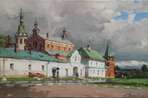 Painting by Azat Galimov.At the walls of the Old Ladoga fortress. Ladozhka River. 