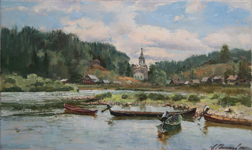 Painting by Azat Galimov. Fishing boats. The village of Kyn. Ural
