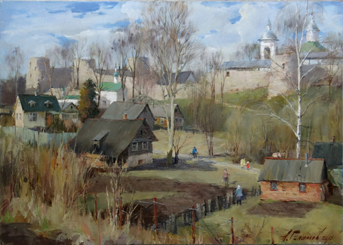 Painting by Azat Galimov.Izborsk weekdays. Spring.