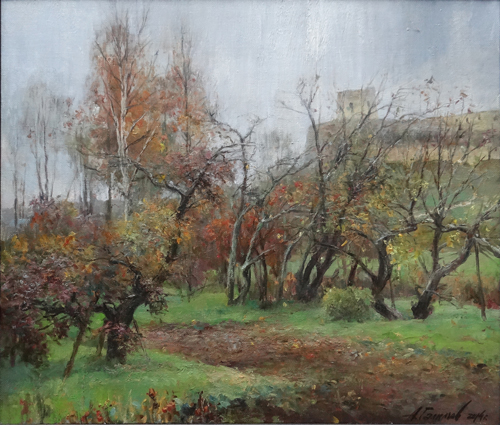 Painting by Azat Galimov.Apple trees in the rain. Izborsk.
