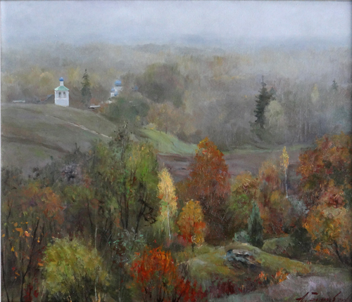 Painting by Azat Galimov.A foggy morning. Izborsko - Malskaya Valley.