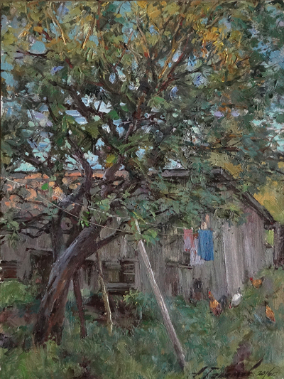 Painting by Azat Galimov. Country yard in Kashin. Evening.