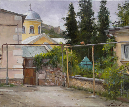 Painting by Azat Galimov. Balaclava. Court at the Church of the Saints of the Twelve Apostles.