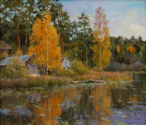Painting by Azat Galimov.Gold of autumn. Lake Mstino. Tver region.