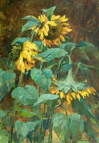 Painting by Azat Galimov.Rustic Sunflowers .