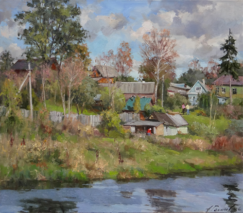 Painting by Azat Galimov.Warm autumn in Old Ladoga. 