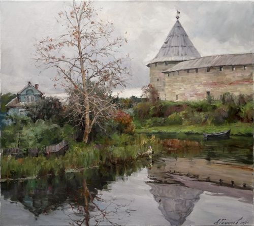 Painting by Azat Galimov.At the walls of the Old Ladoga fortress. Ladozhka River. 