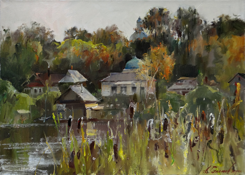 Painting by Azat Galimov.Quiet evening on Valdai Lake. 